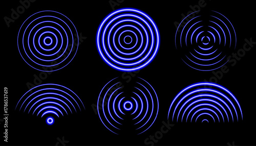 Neon Radar Screen. Sound wave. Concentric signal circle. Circular light effect. Wi-Fi range. Radio station signal. Circular ripples on water. Location or pressure point. Vector effect.