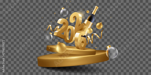 Happy new year 2026. Golden 3D numbers on golden podium with Christmas decoration, isolated on transparent background.