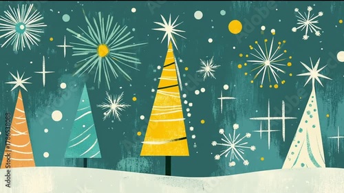 Video animated cartoon with Christmas trees in winter forest shining stars