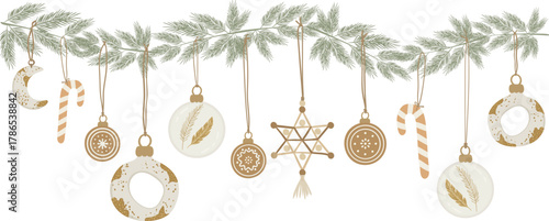 christmas garland with bohemian decor elements vector illustration holiday season design fir branches hanging ornaments new year celebration decorative banner