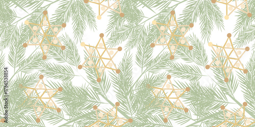 seamless boho pastel christmas pattern with fir tree branches and handmade straw stars modern minimal scandinavian style winter holiday background texture