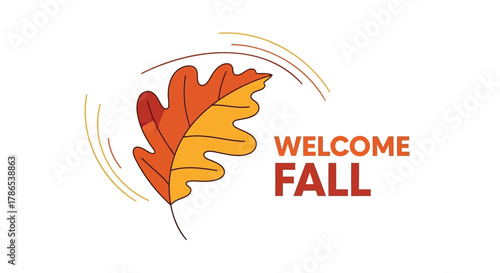 Autumn leaf with swirling lines and welcome fall text illustration for seasonal greetings and decorations