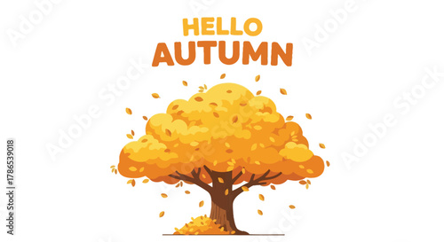 Vibrant hello autumn text above a stylized golden tree with falling leaves on a white background