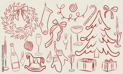 Hand drawn chalk Christmas collection. Vintage festive doodles, retro New Year party design elements for greeting cards, invitations, posters, and holiday decor.