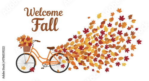 Whimsical vintage bicycle laden with autumn leaves symbolizing the arrival of fall season