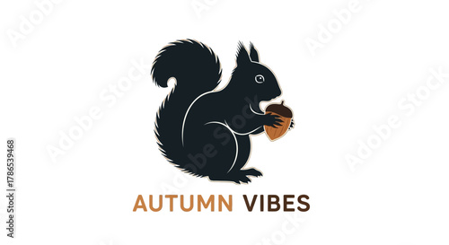 Charming black squirrel holding an acorn with the words autumn vibes in a rustic font