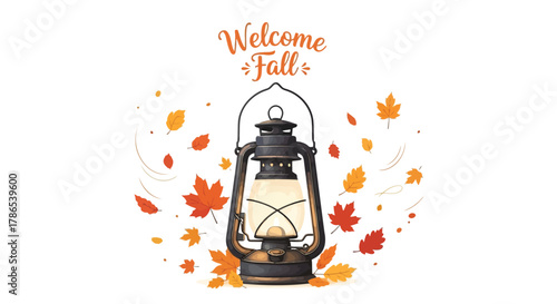 Vintage kerosene lantern glowing warmly surrounded by falling autumn leaves and welcoming fall text