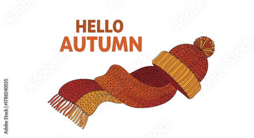 Cozy knitted autumn hat and scarf set with hello autumn text in warm seasonal colors