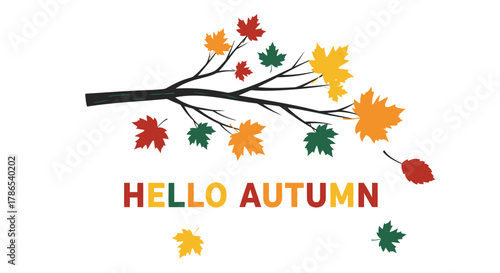 Stylized autumn tree branch with falling colorful maple leaves and hello autumn text