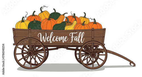 Rustic wooden wagon overflowing with colorful pumpkins and gourds celebrating the arrival of autumn
