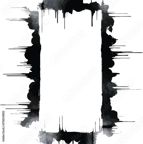 Vertical dripping ink grunge frame distress texture abstract messy dark liquid splatter border
