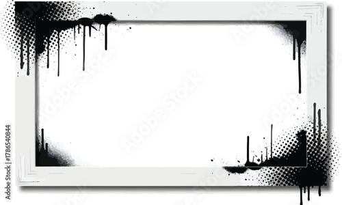 Photo frame with grunge halftone black ink splatters drips stains spots dirty border presentation