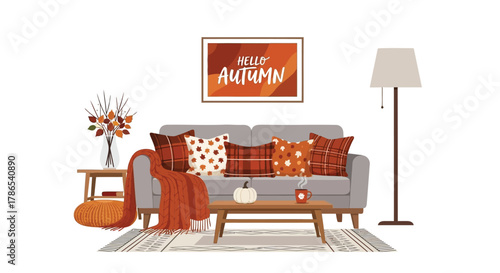 Cozy autumn living room scene with sofa pillows blanket and fall decor on white background