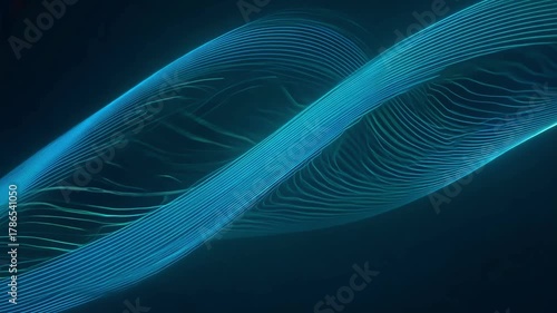 Digital animation of abstract blue flowing wave lines moving rhythmically against dark background, symbolizing energy, motion, and modern fluid design