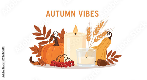 Cozy autumn vibes with pumpkin candle and falling leaves illustration for seasonal decor