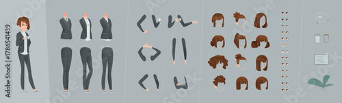 Standing businesswoman constructor in cartoon design. European appearance. Vector kit with interchangeable poses, arms, legs, hairstyles, outfits. Editable character.