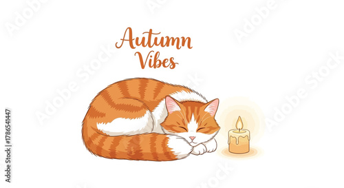 Cozy orange tabby cat sleeping curled up next to a warm glowing candle with autumn vibes text