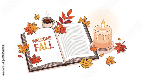 Cozy autumn scene with open book coffee candle and falling leaves on white background