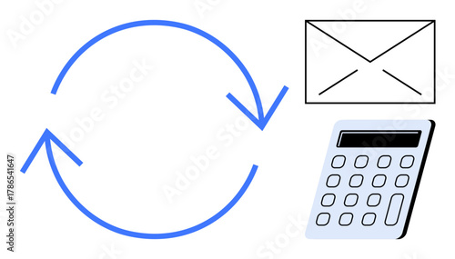 Circular arrows representing process, calculator for analytics, email for communication. Ideal for workflow, automation, efficiency, productivity, business communication management. A simple flat