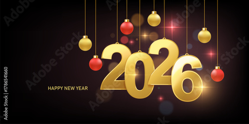 Happy new year 2026 background. Golden numbers and Christmas decoration. Holiday greeting card design.