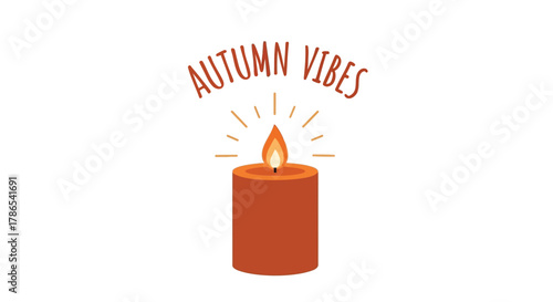 Warm glowing orange candle with flickering flame and text autumn vibes creating cozy seasonal atmosphere