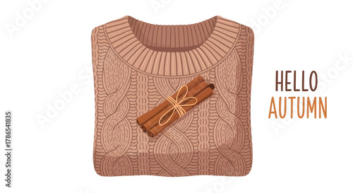 Cozy knitted sweater with cinnamon stick tied with ribbon for a warm autumn season greeting