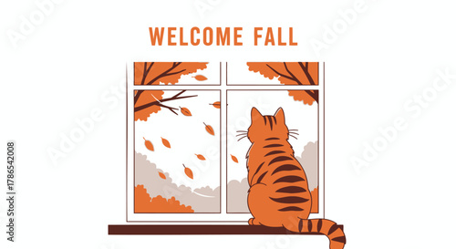 Cozy orange tabby cat sits on a windowsill looking out at falling autumn leaves and the text welcome fall