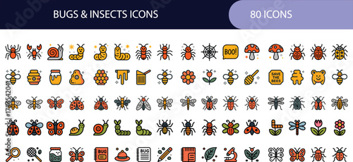 Colorful flat design insect and bug icon set for nature concepts