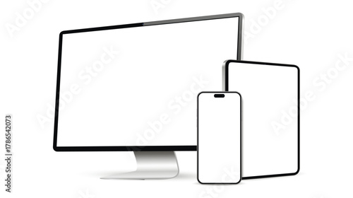 Desktop computer, tablet pc and mobile phone screen mockup
