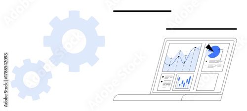 Laptop screen displaying charts, graphs, and analytics next to gear icons. Ideal for data analysis, technology, automation, workflow, efficiency digital tools and productivity. Simple flat metaphor