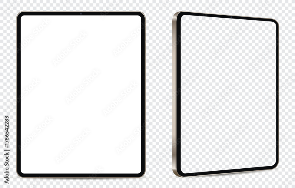 Fototapeta premium Tablet computer mockup. Front and side view with white and empty screen on transparent background.