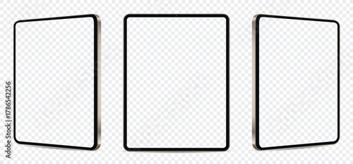 Realistic tablet mockup with blank transparent screen isolated on transparent background. Tablet from different angles.