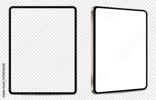 Tablet pc mockup. Front and side view with white and empty screen on transparent background.