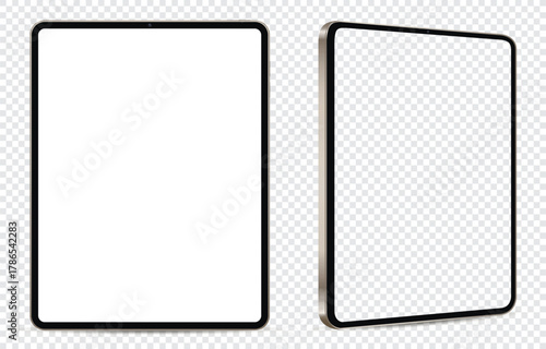 Tablet computer mockup. Front and side view with white and empty screen on transparent background.