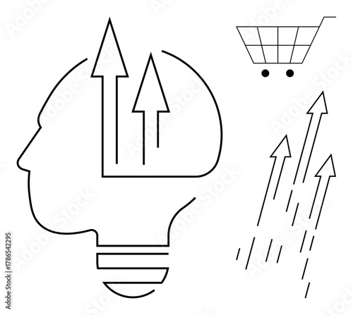 Head-shaped light bulb with arrows inside symbolizing growth separate arrows denoting progress shopping cart indicating economic growth. Ideal for business, innovation, strategy, success, progress