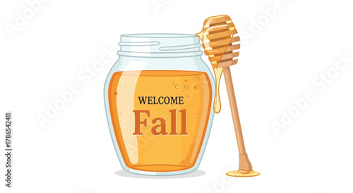 A jar of golden honey with a wooden dipper leaning against it featuring the words welcome fall