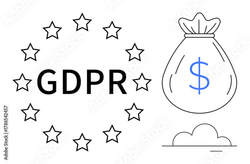 GDPR text in star circle with dollar bag symbolizing data protection, finance, fines, law. Ideal for privacy, finance, legal regulations, compliance accountability security policy. Simple flat