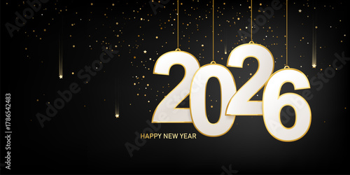 Happy new year 2026. White and gold numbers with confetti in background. Holiday greeting card design.