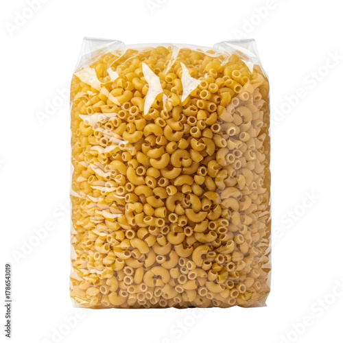 Transparent bag of dry macaroni pasta on black background for culinary use