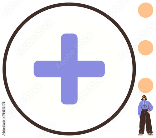 Bold purple plus sign in black circle, three orange dots aligned vertically, a woman in modern casual wear. Ideal for health, growth, simplicity, addition, organization, design concepts connection
