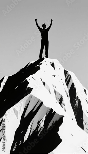 The black and white silhouette of a man who climbed to the top of a mountain, standing at its peak, raises his hands up in happiness as a symbol of a strong personality achieving his goals. EPS.