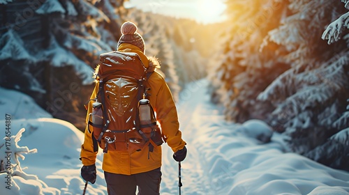 Hiker walking through snowy forest trail at sunrise