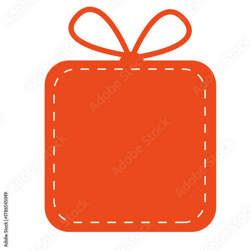 Red gift box icon with stitched border and bow on top. Flat vector graphic isolated on white background. 