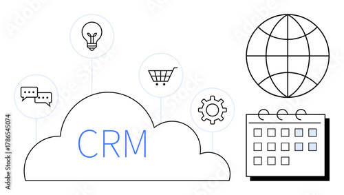 Cloud featuring CRM with icons of chat, light bulb, shopping cart, gear, calendar, and globe. Ideal for business management, communication, innovation e-commerce automation globalization