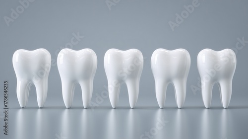 Row of white human teeth models standing on reflective surface with gray background.