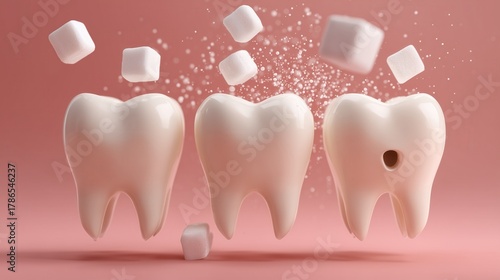 Three teeth with sugar cubes showing tooth decay concept.