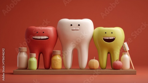 Three cartoon teeth characters with toothbrush, bottles and fruit.