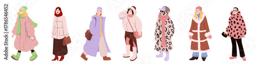 Stylish winter outfits with women in warm coats scarves boots and accessories in modern flat design for cold weather fashion illustration