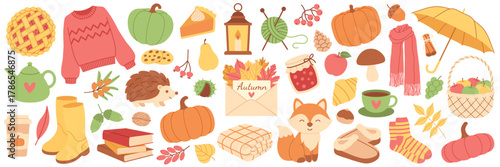 Autumn cozy elements set with pumpkins, leaves, tea, clothes, shoes, fox, hedgehog, books, food. For scrapbooking, seasonal decor, greeting cards, fall design. Flat vector. Hand drawn items. Clip art.