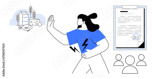 Person holding stomach and gesturing rejection toward food products thumbs up milk and fish. Includes documents and group to symbolize regulations, awareness, and community support. Ideal for health